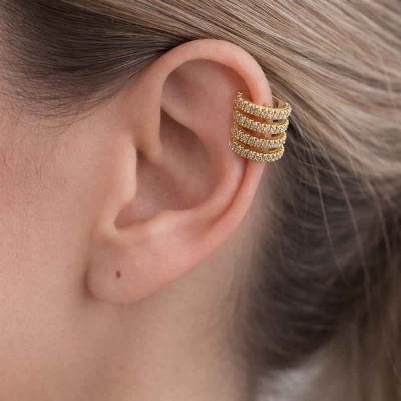Altın Renk Çoklu Sıra Taşlı Ear Cuff Deliksiz Kıkırdak Küpe 1 Adet