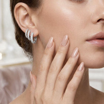 Gümüş Renk Taşlı Halka Küpe | Işıltılı Yarım Pavé Kadın Küpe 3lü Set