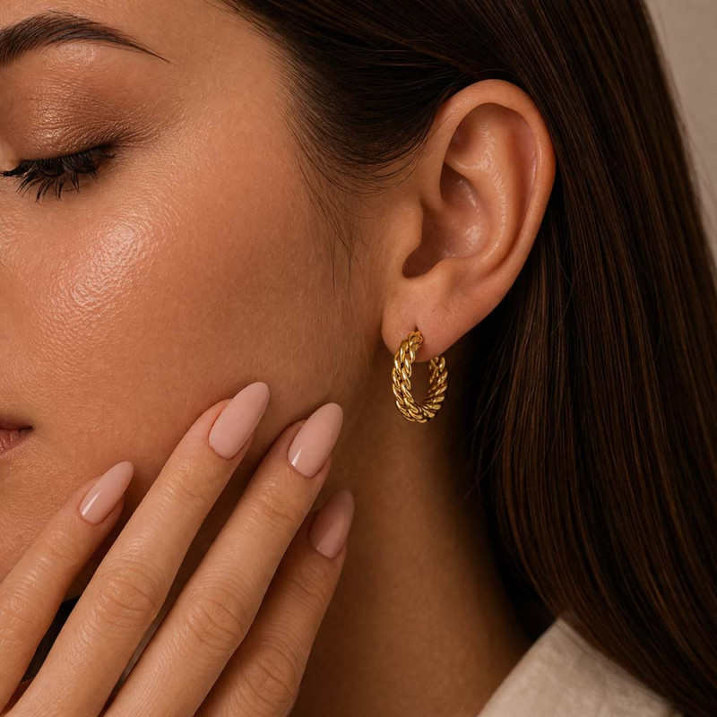 Altın Renk Örgü Halka Küpe | Kalın Zincir Form Kadın Küpe