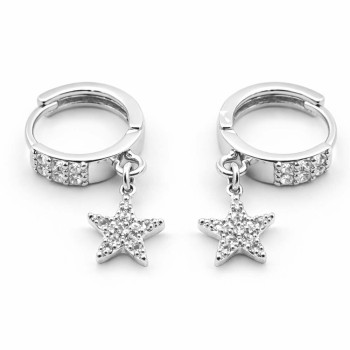 Gümüş Renk Yıldız Sallantılı Taşlı Halka Küpe | Işıltılı Kadın Küpe