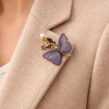 Mor Kelebek ve İnci Detaylı Zarif Broş