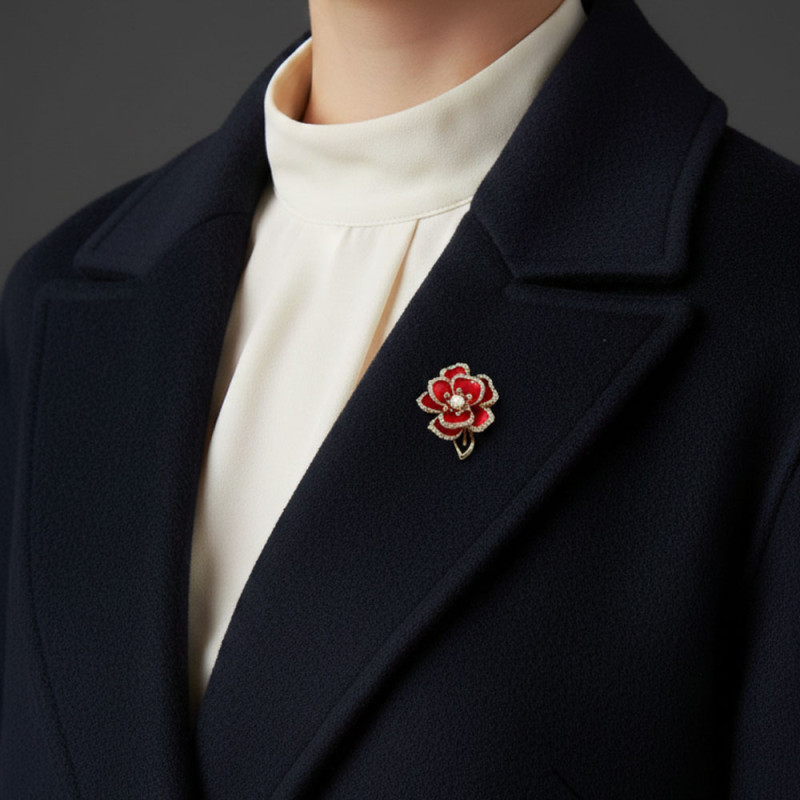 Kırmızı Gül Figürlü İnci Detaylı Taşlı Broş