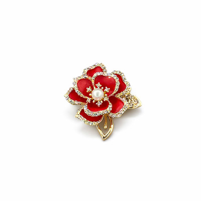Kırmızı Gül Figürlü İnci Detaylı Taşlı Broş