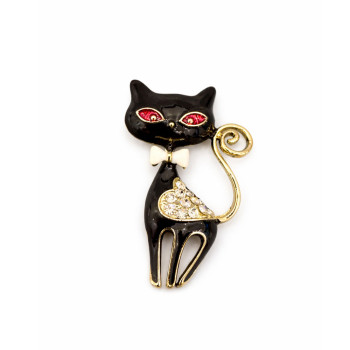 Siyah Kedi Figürlü Taşlı Broş