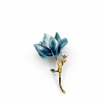 İnci Detaylı Mavi Manolya Broş