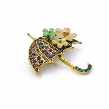 Renkli Taşlı Şemsiye Broş Çiçek Detaylı Vintage Tasarım